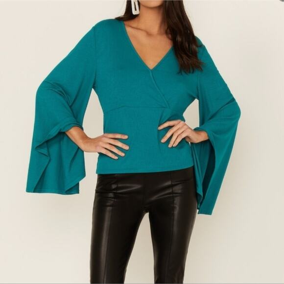 Wrangler Ladies Retro Surplice Bell Sleeve Ribbed Top Teal Green | Large - Picture 2 of 10